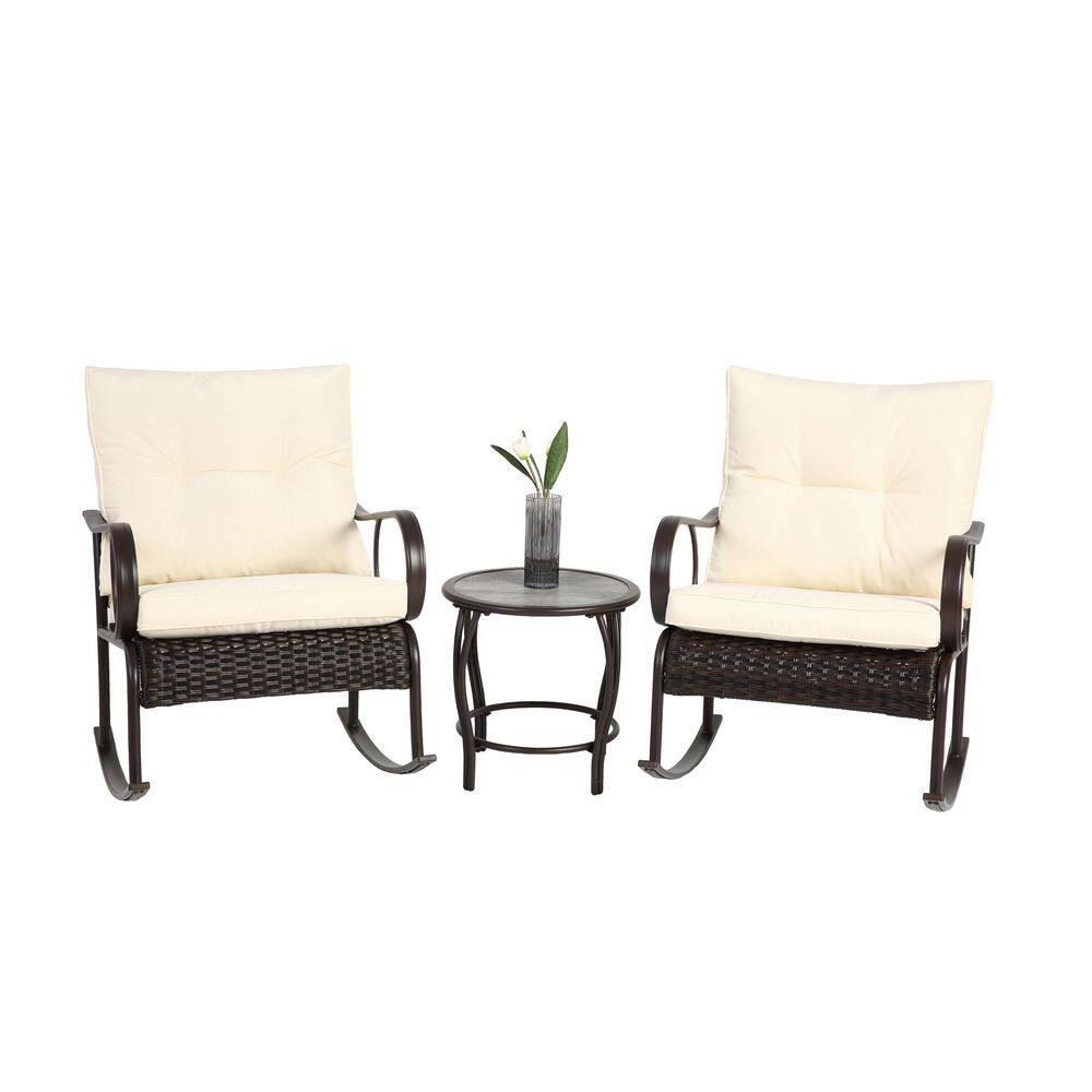 3-Piece Metal Patio Outdoor Rocking Chair Set with Beige Thickened Cushions