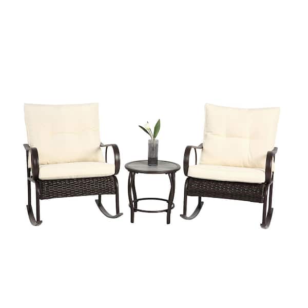 Unbranded 3-Piece Metal Patio Outdoor Rocking Chair Set with Beige Thickened Cushions and Glass Side Table for Backyard
