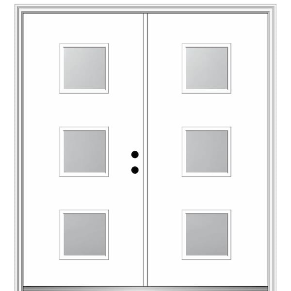 MMI DOOR Aveline 64 in. x 80 in. Left-Hand Inswing 3-Lite Frosted Glass Primed Fiberglass Prehung Front Door on 4-9/16 in. Frame