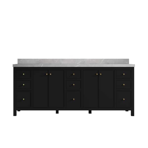 Willow Collections Chicago 84 in. W x 22 in. D x 36 in. H Double Sink Bath Vanity in Black with 2 in. Pearl Light Gray Qt. Top