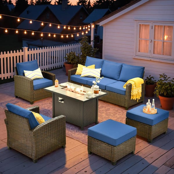 HOOOWOOO Marcia 6-Piece Wicker Modern Outdoor Patio Conversation Sofa Furniture Set with a Fire Pit and Navy Blue Cushions