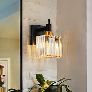 Orillia 4.72 in. 1-Light Modern Black Gold Bathroom Vanity Light with Crystal Shades