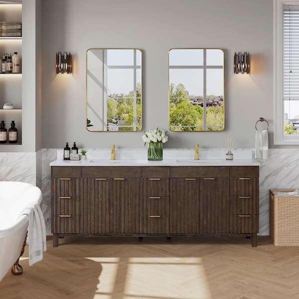 ROSWELL Palos 84 in. W x 22 in. D x 33.9 in. H Double Sink Bath Vanity in Spruce Antique Brown with White GRain Stone Top