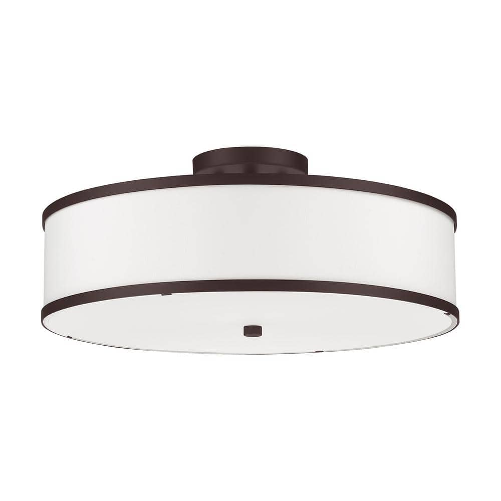 Bronze Contemporary 3-Light Semi-Flush Mount with Off-White Fabric Shade