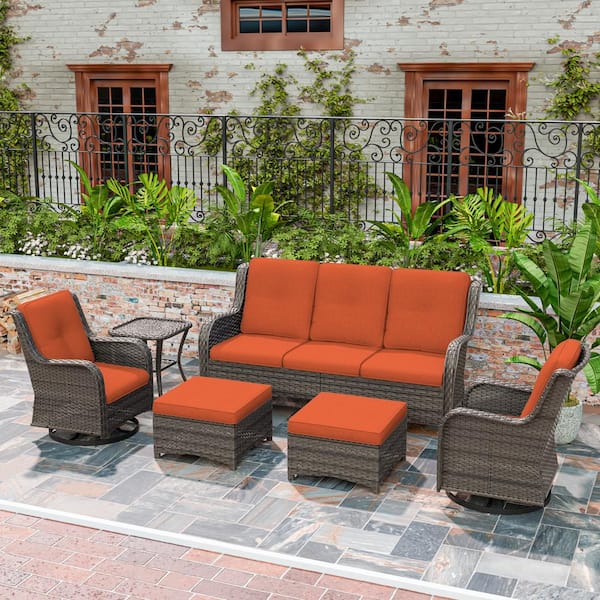 MeetLeisure 6-Piece Wicker Outdoor Sectional Sofa Set Patio Conversation with Orange Cushions