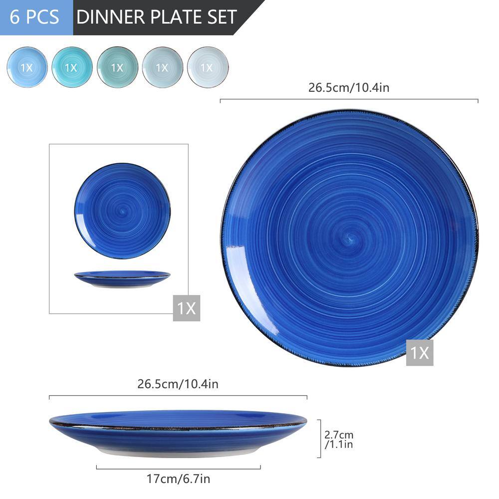 Handcrafted Blue and Teal Ceramic Dinner Plate Set, 6 Pieces