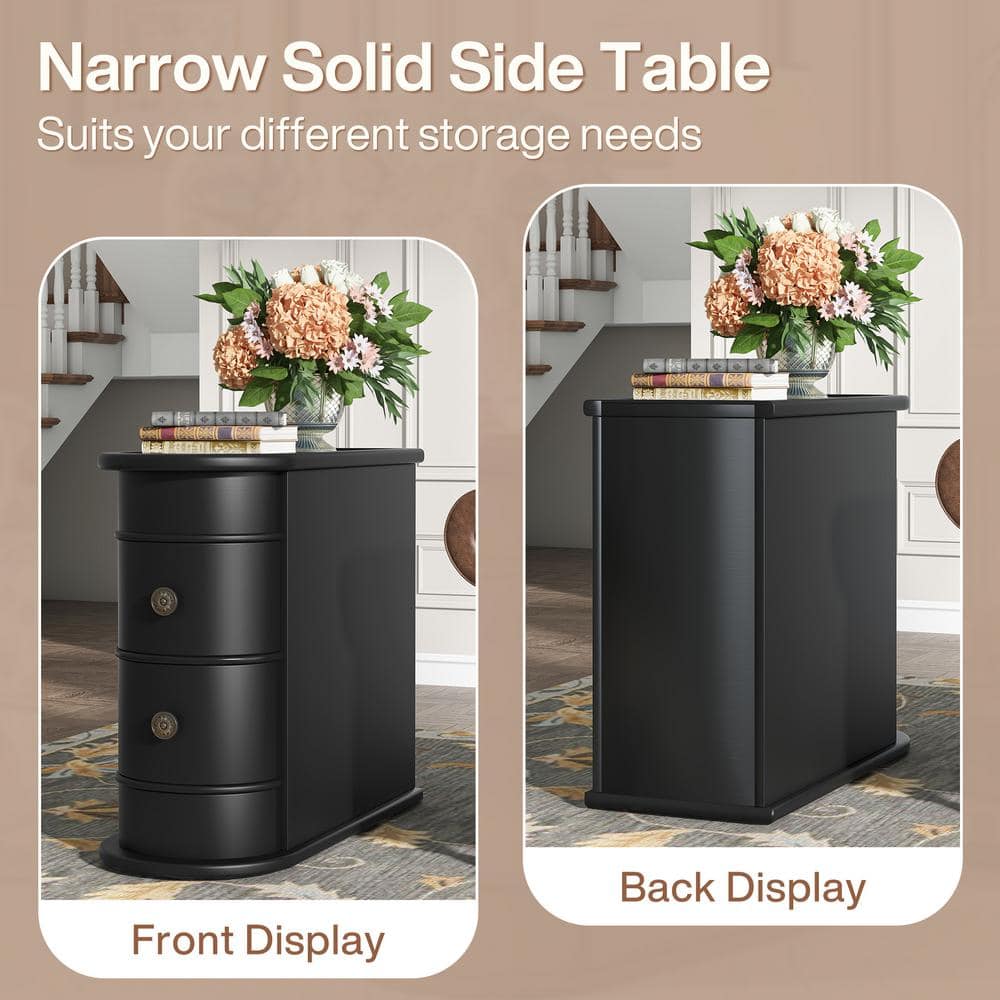 Black Wooden Slim Nightstand with 2 Drawers