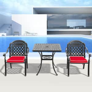 Isabella Black 3-Piece Cast Aluminum Outdoor Dining Set with Square Table and Dining Chairs with Random Color Cushion