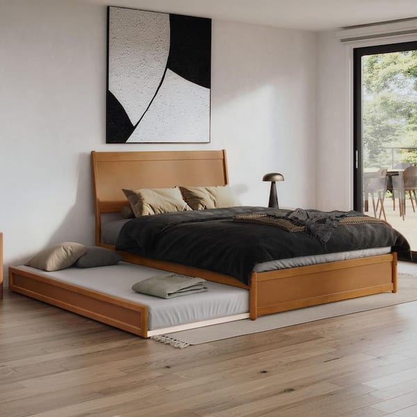 AFI Casanova Light Toffee Natural Bronze Solid Wood Frame Queen Platform Bed with Panel Footboard and Twin XL Trundle