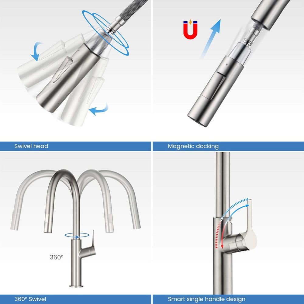 Brushed Nickel Single Handle Pull Down Kitchen Faucet with Spray