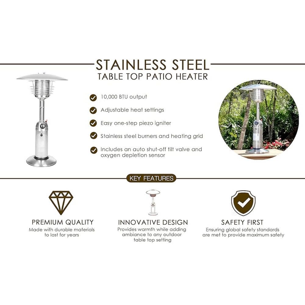 Stainless Steel Tabletop Propane Patio Heater with Auto Shutoff