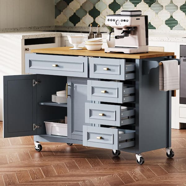 Blue Grey Oak Veneer Kitchen Cart with Drop Leaf and Towel Rack