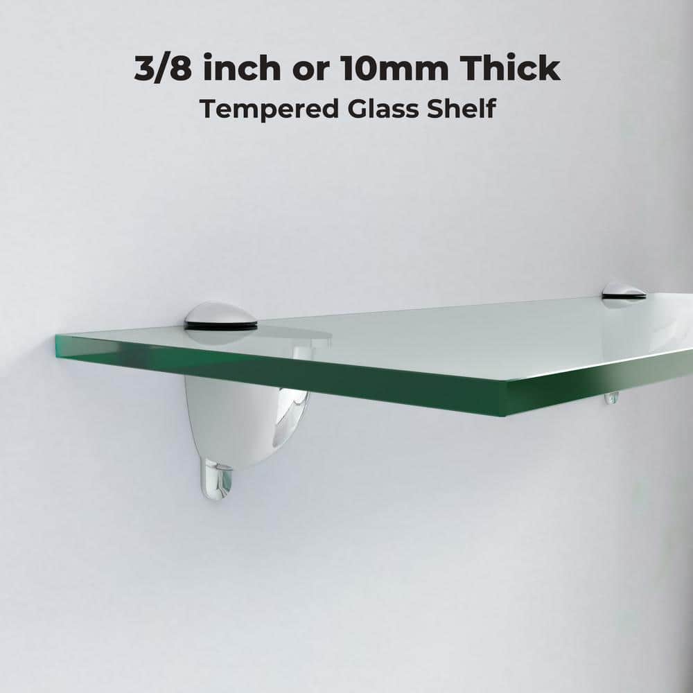 Clear Tempered Glass Floating Wall Shelf with Chrome Brackets