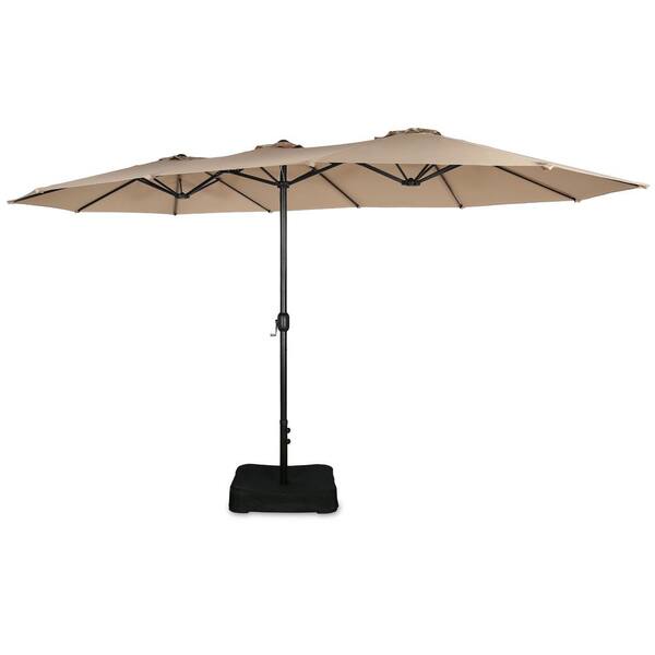 ULAX FURNITURE 15 ft. Double-Sided Market Patio Umbrella with Crank and Umbrella Base in Beige