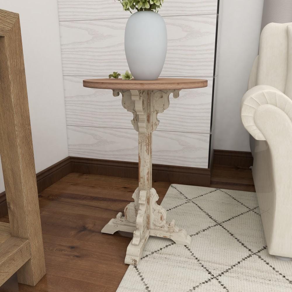 White and Beige Carved Wood Round Accent Table