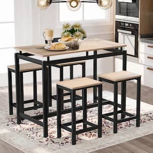 5-Piece Kitchen Counter Height Table Set, Industrial Dining Table with 4 Chairs, Oak & Black