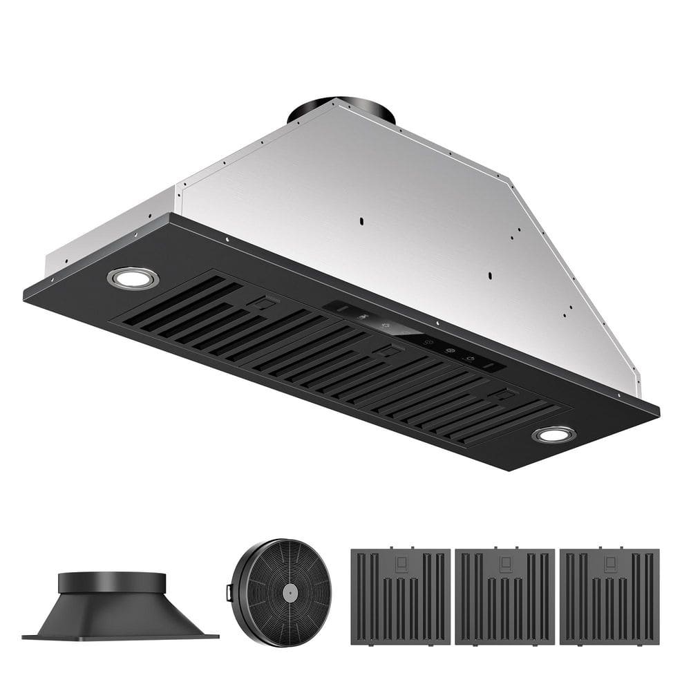 36 in. 900 CFM Ductless Convertible Insert Range Hood in Black Stainless Steel with LED Light Gesture Sensing and Filter
