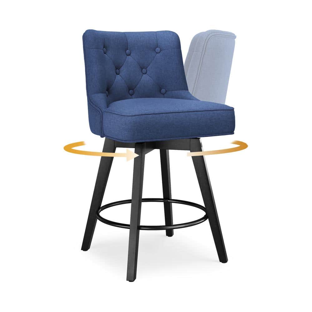 Navy Upholstered Swivel Counter Stool with Tufted Back and Metal Legs
