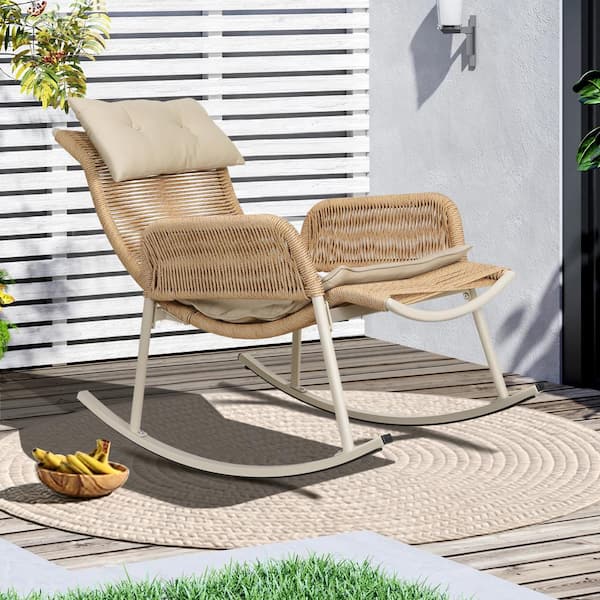 UPHA Wicker Outdoor Rocking Chair Lounge Chair with Beige Cushion