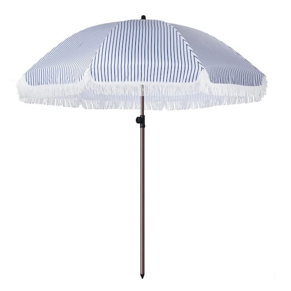 Unbranded 7.5 ft. Fully Steel Pole Market Tassel Push Button Tilt Patio Umbrella in Blue and White Stripes