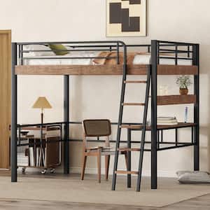 Black and Brown Full Size Metal Loft Bed with Built-in Wood Desk, Storage Shelf and Sloping ladder