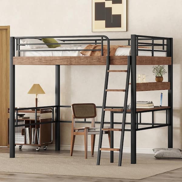 Harper & Bright Designs Black and Brown Full Size Metal Loft Bed with Built-in Wood Desk, Storage Shelf and Sloping ladder