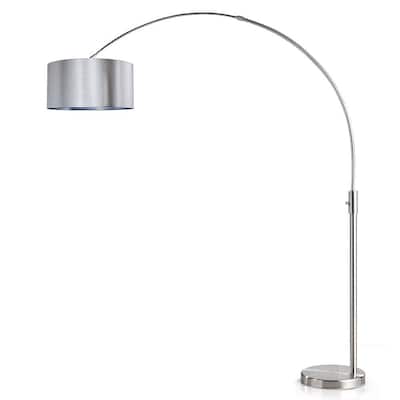 Orbita 82 in. Brushed Nickel Furnish LED Dimmable Retractable Arch Floor Lamp, Bulb Included with Drum Silver Shade