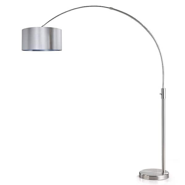 HomeGlam Orbita 82 in. Brushed Nickel Furnish LED Dimmable Retractable Arch Floor Lamp, Bulb Included with Drum Silver Shade