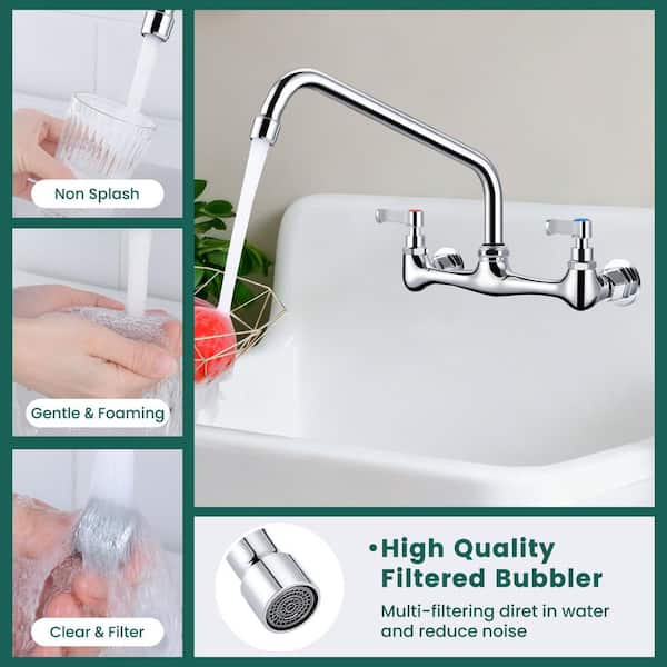 Double Handle Wall Mount Standard Kitchen Faucet with 12 in. Swivel Spout 8 in. Center in Matte Black