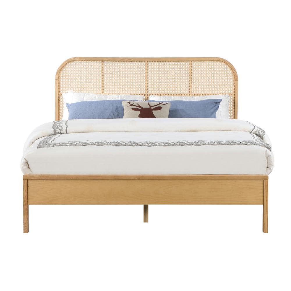 Natural Oak Queen Bed with Rattan Headboard and Storage Drawer