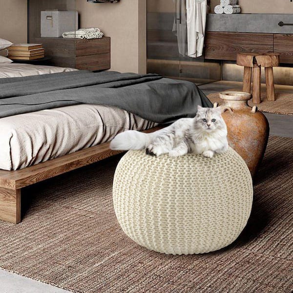 Beige Cotton Knitted Upholstery Round Shape Unstuffed Pouf Ottoman Cover with Storage for Living Room 59C1124D312