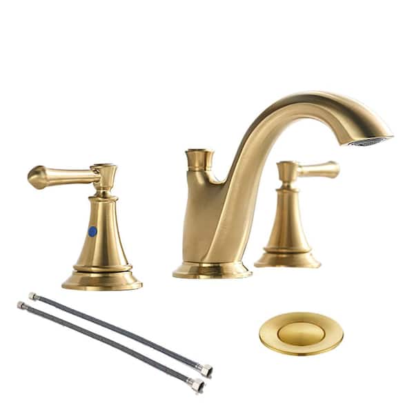 Phiestina 8 in. 2-Handles Bathroom Sink Faucet Lead Free 3-Holes Widespread with Metal Drain, Water Supply Hoses in Brushed Gold