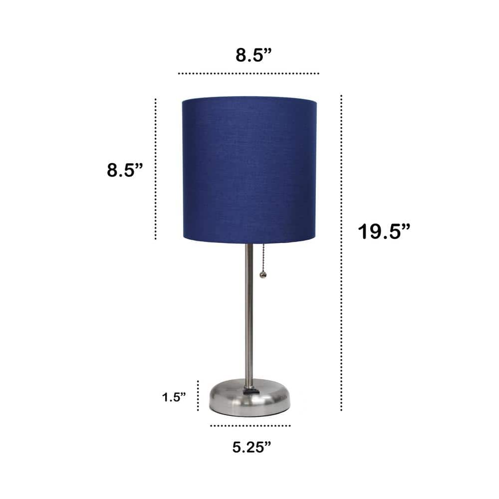 19.5" Navy Blue Fabric Shade Brushed Steel Nightstand Lamp