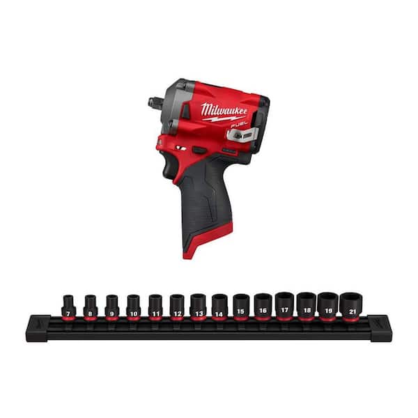 Milwaukee M12 FUEL 12V Lithium-Ion Brushless Cordless Stubby 3/8 in. Impact Wrench W/3/8 in. Drive Metric Impact Socket Set