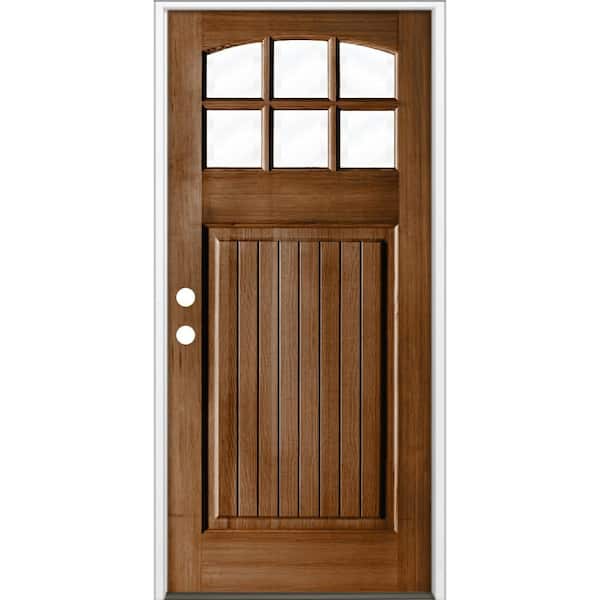 36 in. x 80 in. Craftsman 6 Lite V Groove Arch Top Provincial Stain Right-Hand/Inswing Hemlock Prehung Front Door