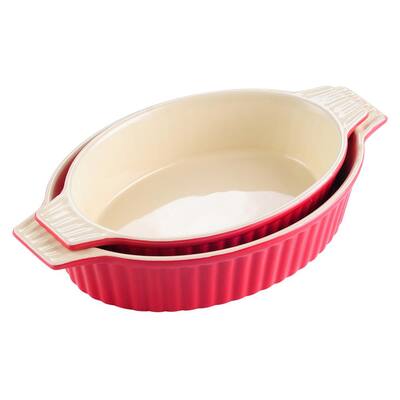 2-Piece Red Oval Porcelain Bakeware Set 12.75 in. and 14.5 in. Baking Pans
