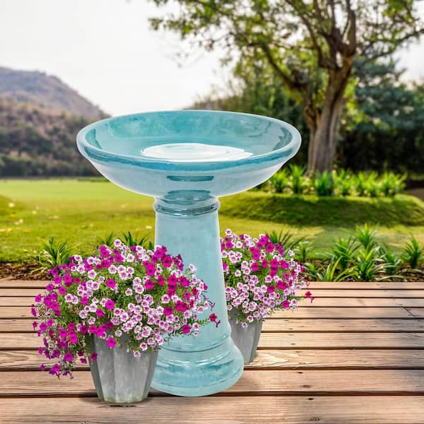 Sunnydaze Calais Ceramic Outdoor Bird Bath-Jade Green-25 in. H VBD