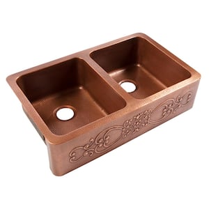 Ganku 36 in. Farmhouse Apron Front Undermount Double Bowl 16 Gauge Antique Copper Kitchen Sink with Scroll