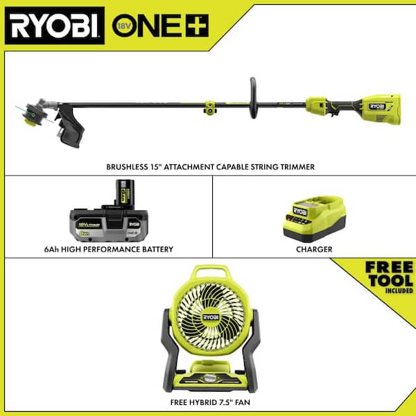 ONE+ HP 18V Brushless 15" Attachment Capable String Trimmer w/ 6.0 Ah Battery, Charger, & FREE ONE+ Hybrid 7-1/2" Fan