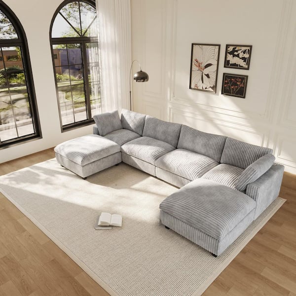 J&E Home 157.48 in. Square Arm Rabbit Fur Fabric 6-Piece Oversized Free Combination Modular Living Room Sectional Sofa in Gray