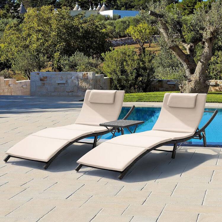 Tozey 3-Pieces Steel Frame Poolside Folding Height Adjustable Wicker Outdoor Lounge Chair with Beige Cushion (Set of 2)