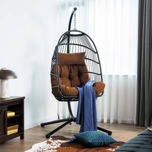 Metal Hanging Egg Chair Patio Swing with Stand Waterproof Cover Folding Basket Brown Cushions
