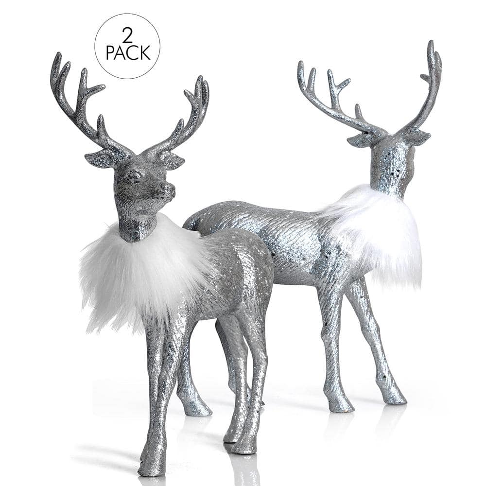Silver Glitter Winter Reindeer Figurines with Faux Fur