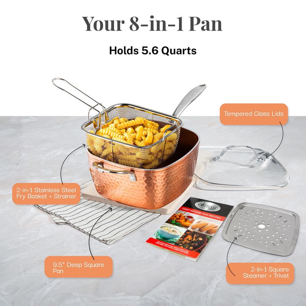 Hammered Copper 9.5-Inch Aluminum Nonstick Deep Frying Pan Set with Lid