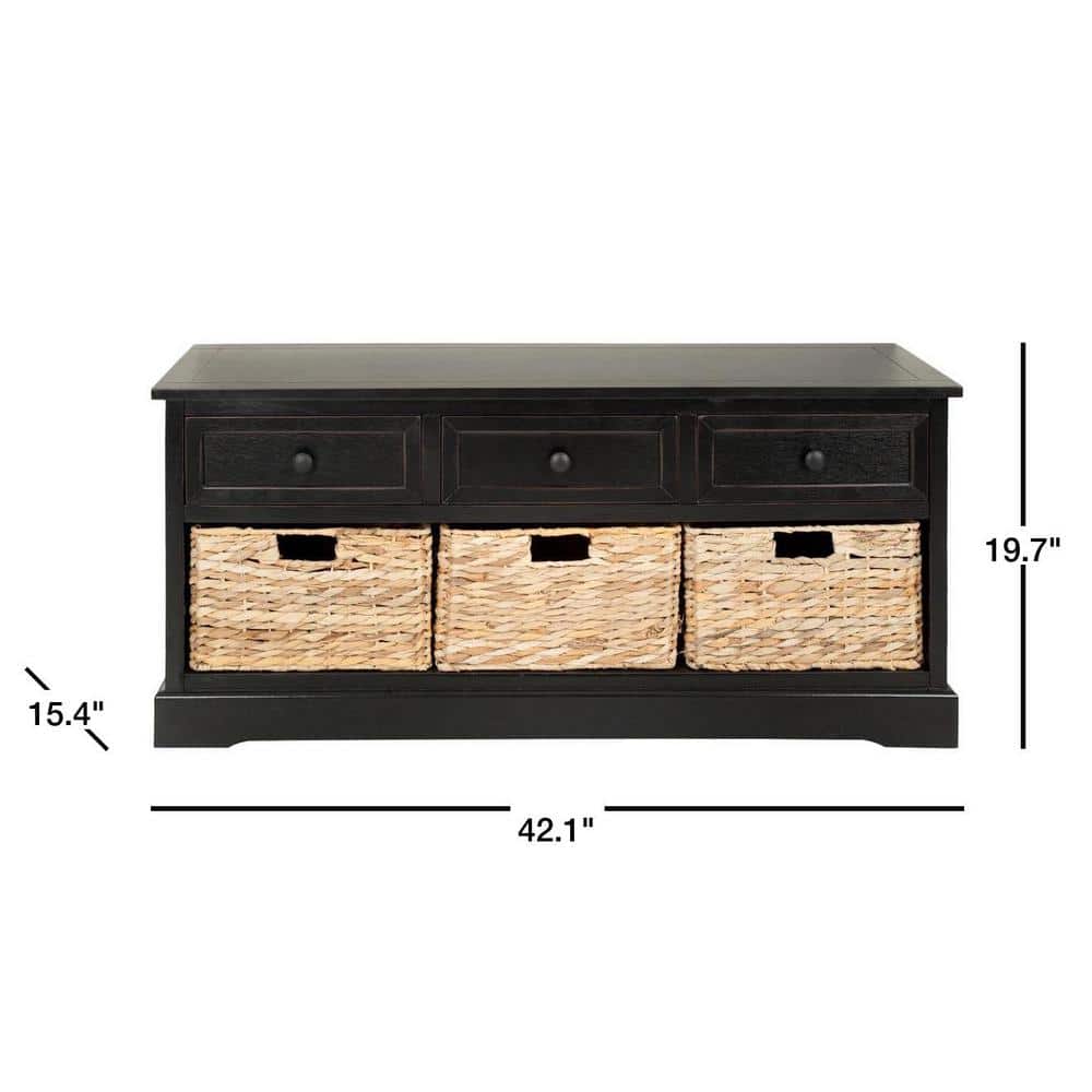 Transitional Gray Pine Wood Storage Bench with Wicker Baskets
