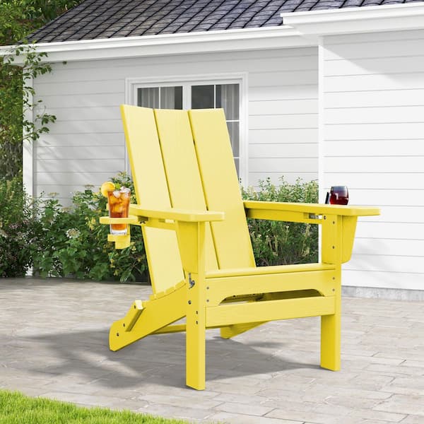 JEAREY Classic Lemon Yellow Folding Plastic Adirondack Chair with Double Cup Holder