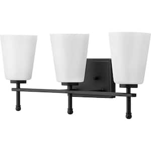 Glenville 23 in. 3-Light Matte Black Vanity Light with Etched White Glass Shades