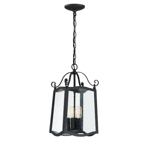 Designers Fountain Glenwood 4-Light Black Outdoor Hanging Lamp with Clear Seedy Glass Shade