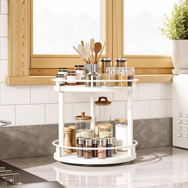2-Tier White Countertop Rotating Susan Spice Rack Turntable Organizer Spice Holder for Kitchen Cabinet Pantry Drawer