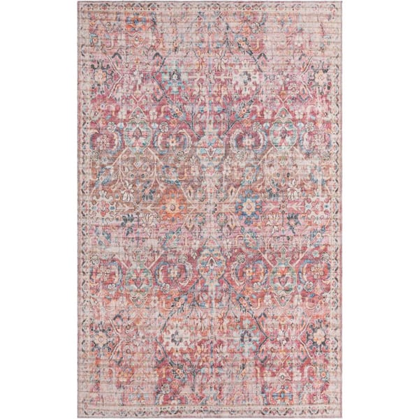 Unique Loom Nostalgia Gossamer Ivory and Pink 5 ft. x 8 ft. Machine Washable Area Rug